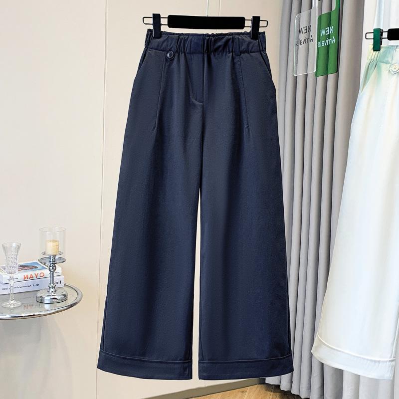 

Women s Summer Dark Blue Tencel Cotton Wide-Leg Cropped Pants: High-Waist, Elastic, Loose, Cuffed, Straight Leg 2XL брудно-білий