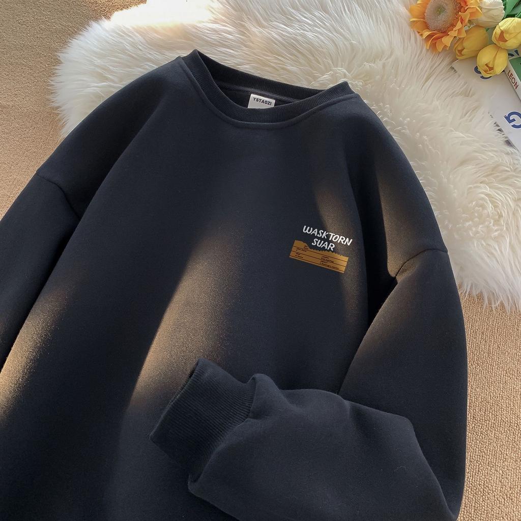 Autumn and Winter Men Sweatshirts Solid Color Letter Printed Casual O-Neck Oversize Streetwear Men Clothing