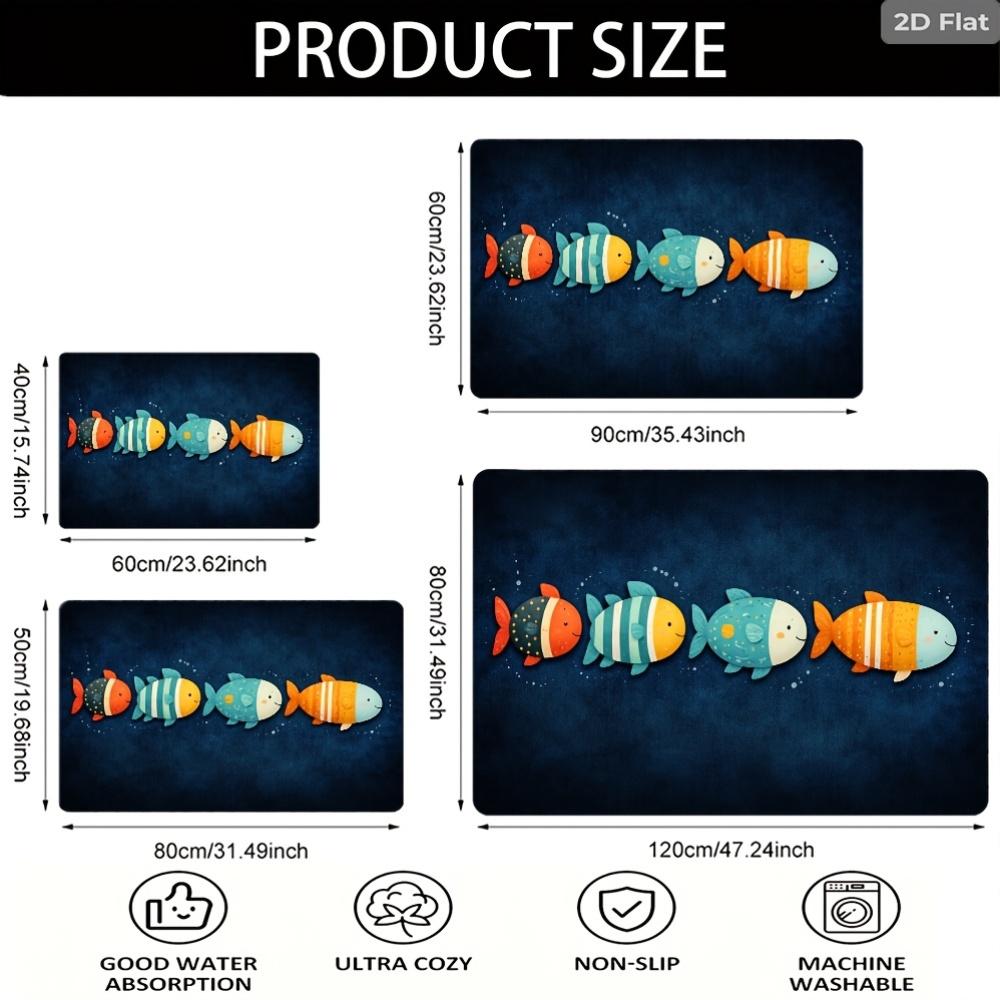 2D Flat Cute Fish Line Up Ocean Blue Background Kids Flannel Bath Mat Non Slip Underwater World Rug For Bathroom Nursery Floor