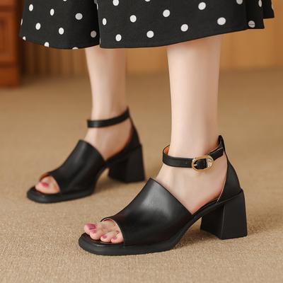 Sandalias de Verano para Mujer de Cuero Genuino Zapatos para Mujer de Punta Abierta con Tira Trasera Punta Redonda Tacón Grueso Beige Zapatos Gladiador