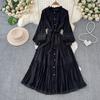 Korean Fashion Elegant Retro Lace Puff Sleeve Long Dress Solid Color Single Breasted Ruffles Bow Autumn Women Dress