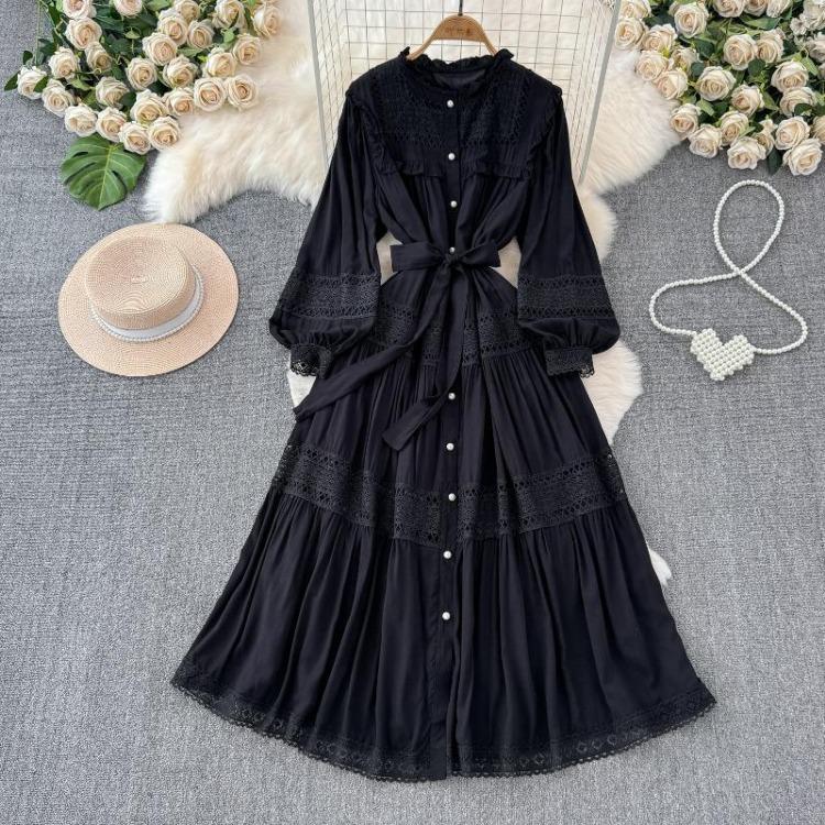 Korean Fashion Elegant Retro Lace Puff Sleeve Long Dress Solid Color Single Breasted Ruffles Bow Autumn Women Dress