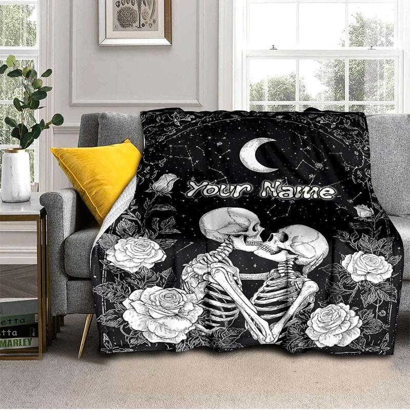 1PC Custom Name Eternal Love Skeletons Flannel blankets Patterns Throw Blanket All-Season Soft Gift for Couch, Bed, Camping gifts