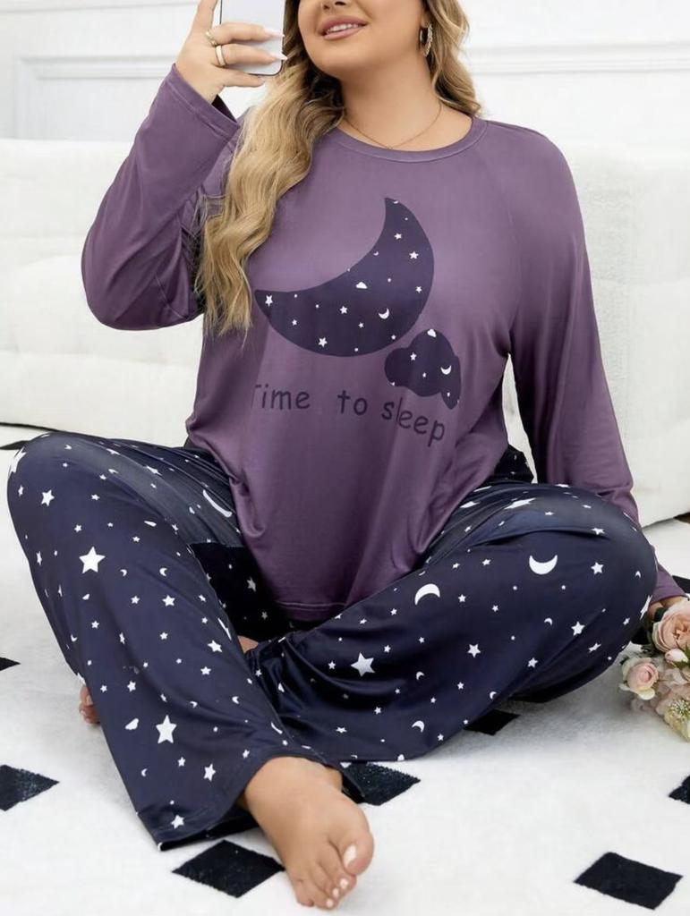 Plus-Size Curvy Women's Long-Sleeve Long-Pants Loose-Fit Casual Heart-Print T-Shirt Set