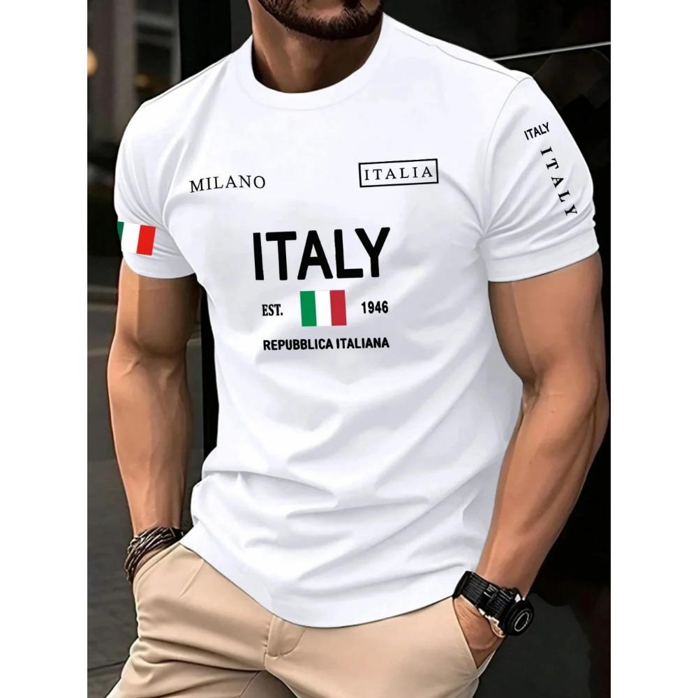 T-shirt estiva da uomo europea e americana con stampa di lettere di Milano, morbida e traspirante, girocollo, top casual da esterno urbano