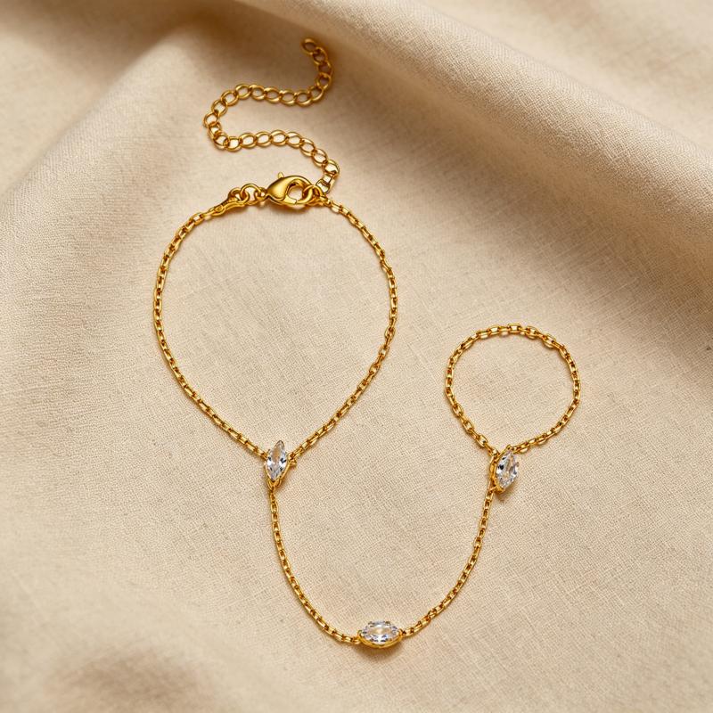 Retro Diamond Copper Zircon Finger Chain Ring For Women Stylish Simple Fashionable Jewelry Gift