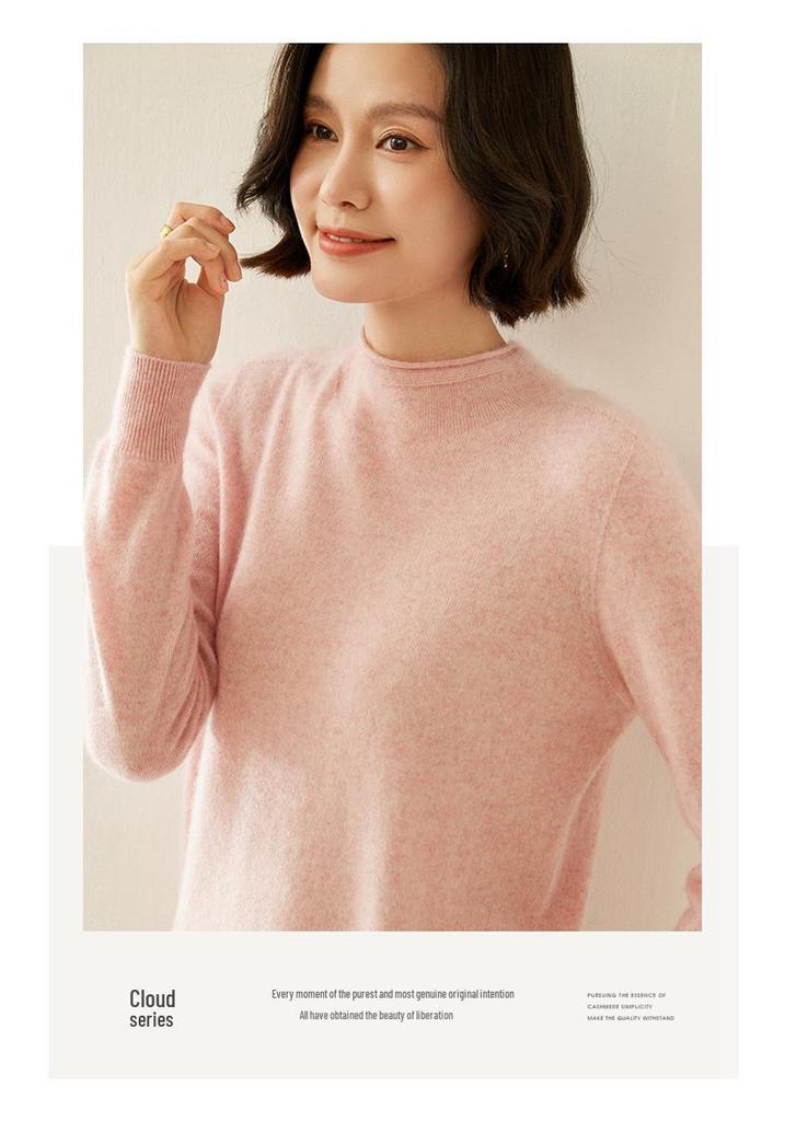 Women's Cashmere Half-High Collar Sweater: Autumn/Winter Style, Twelve-Stitch Rolled Hem, Loose Slimming Knit Base Layer
