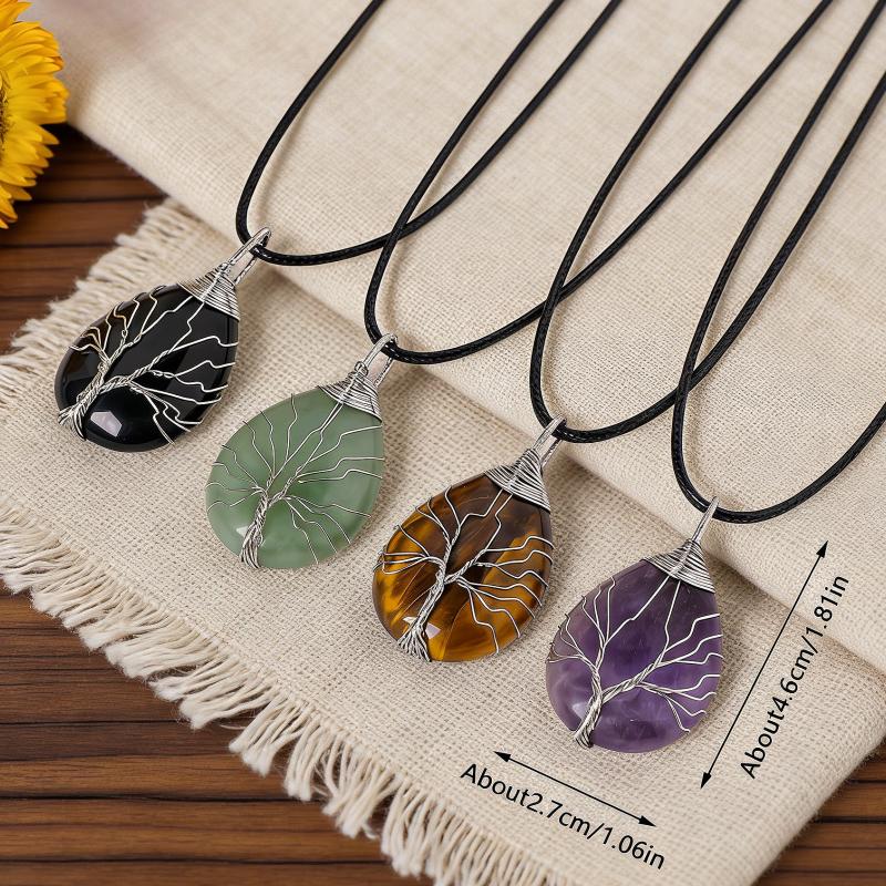 Custom Logo Natural Crystal Tree of Life Pendant Water Drop Healing Stone Handmade Wire Wrapped Necklace