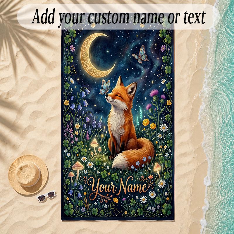 Fox Theme Soft Beach Towel Personalized Custom Name Text Towel Portable for Beach Pool Travel