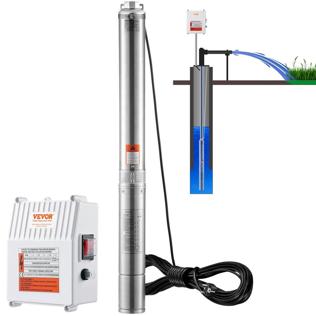Bomba Sumergible para Pozos Profundos 1500W de Potencia 9.8 m³/h Caudal Máximo 108m Altura Máxima Bomba de Agua de Acero Inoxidable IP68 Impermeable con Caja de Control Externa para