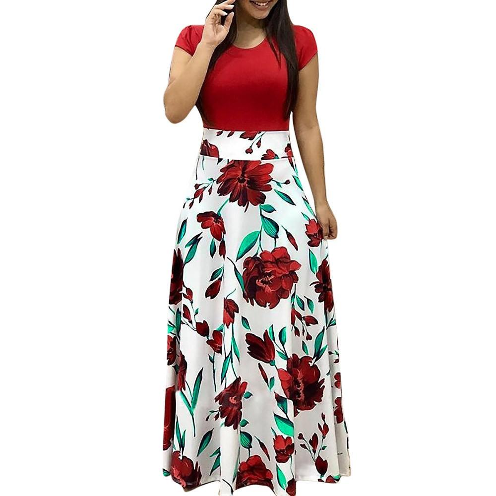 Damenmode, lässig, mit Blumenmuster, Maxikleid, kurzärmelig, Party, langes Maxikleid