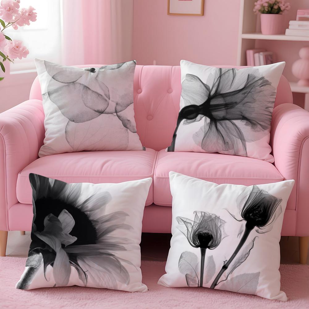 Black White Flower Cushion Cover Soft Plush Throw Pillow Cushion CoverDoubleSided Printed Pillow Case for Sofa Home Decor