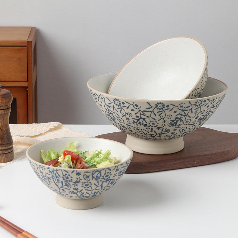 Round Rough Pottery Lamian Noodles Bowl Japanese Style Retro Household Bamboo Hat Bowl Ceramic Anti Scalding Bowl Tableware