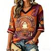 Women's V-Neck Halloween Print T-Shirt Casual Short Sleeve Top for Holiday Party