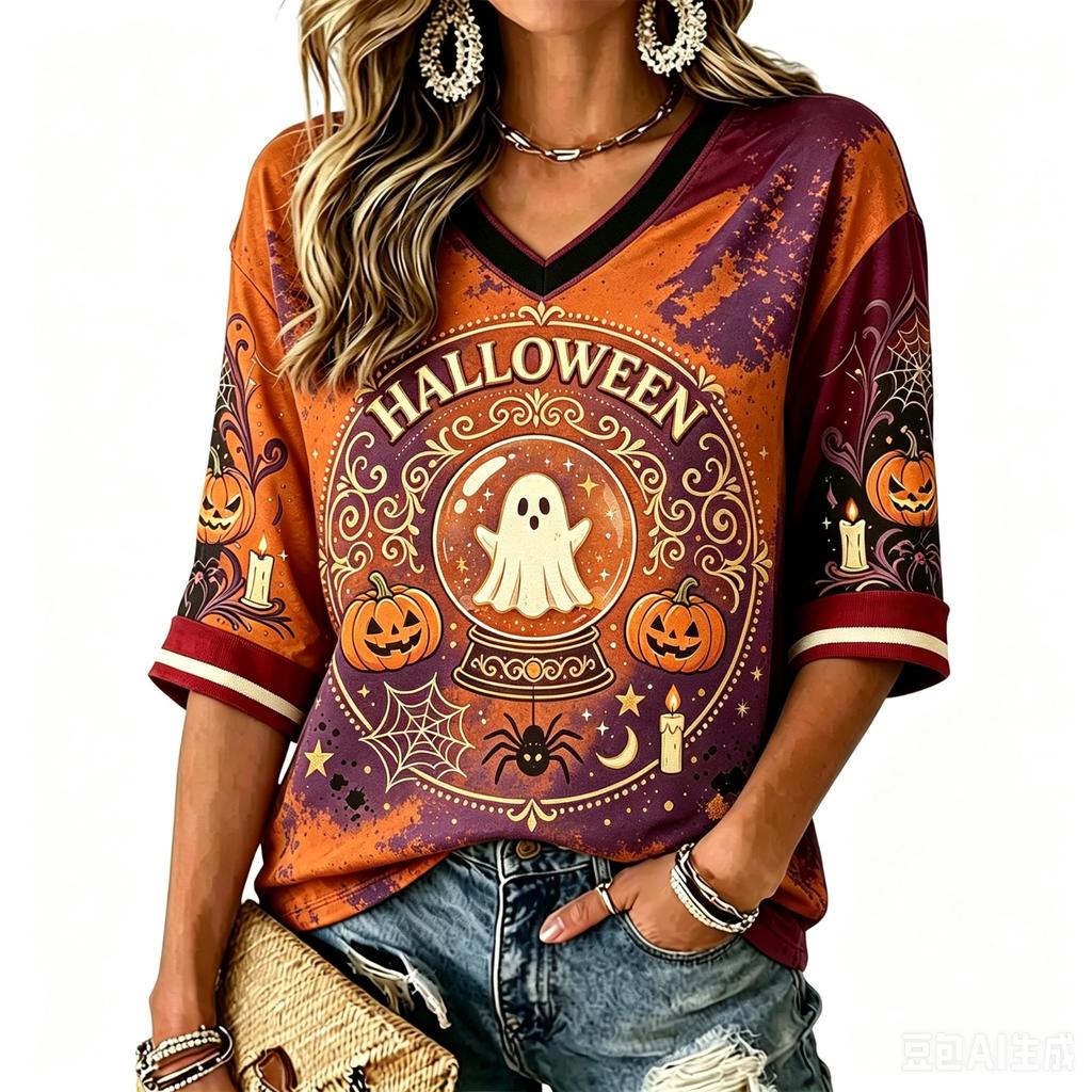 Women's V-Neck Halloween Print T-Shirt Casual Short Sleeve Top for Holiday Party