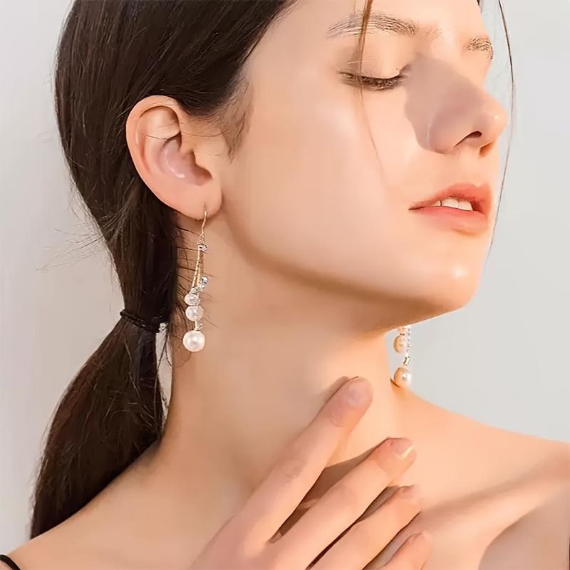 Boucles d'oreilles élégantes pour femmes avec longues chaînes et pampilles, imitation perle, pendentif superposé, bijoux