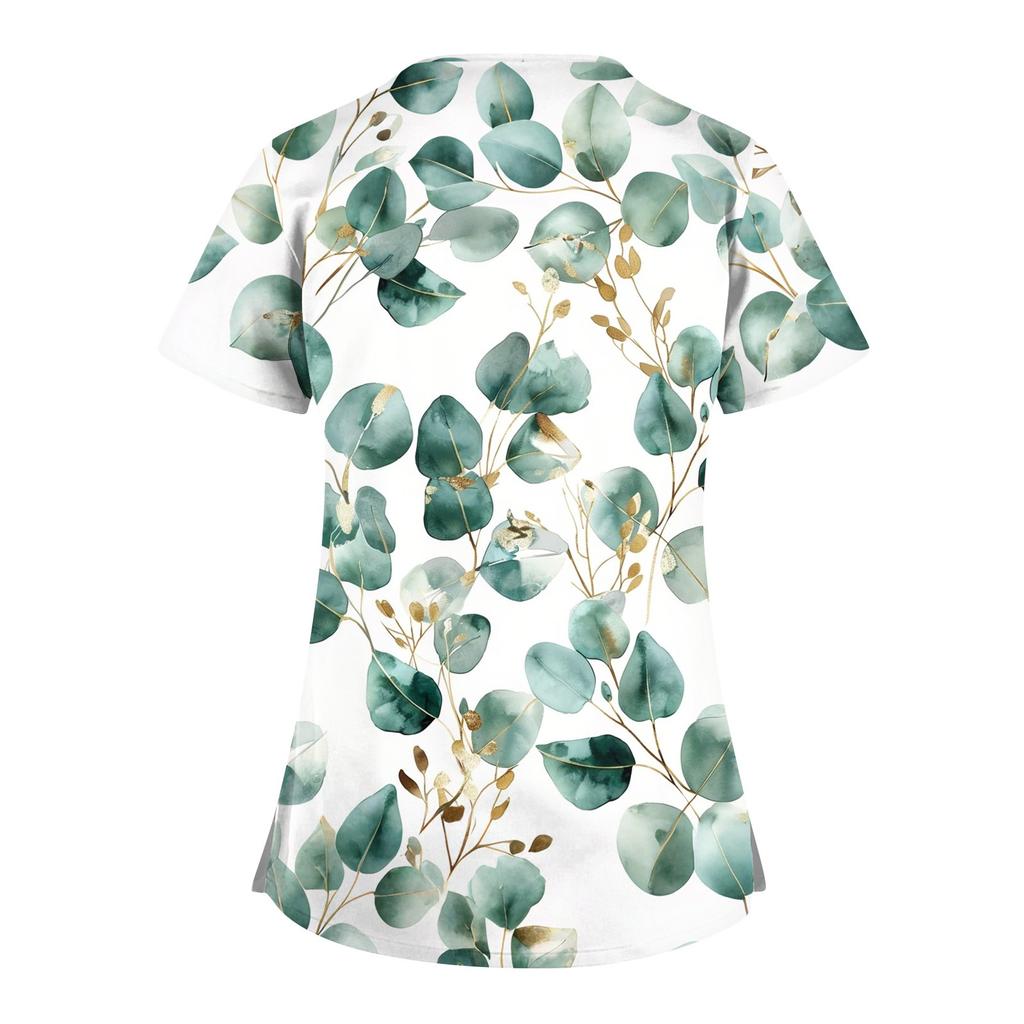 Women's Short Sleeve Stagger V Neck Print Pocket Dry-nurse Top