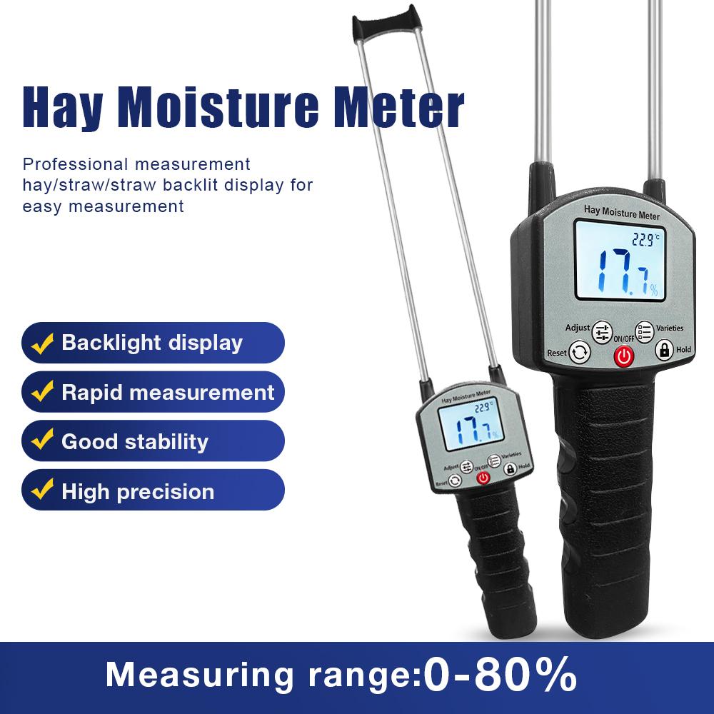 Hay Moisture Meter 0-80% Digital Backlight Display Humidity Content Tester for Guinea Grass Clover Soap Wort Wheat Straw