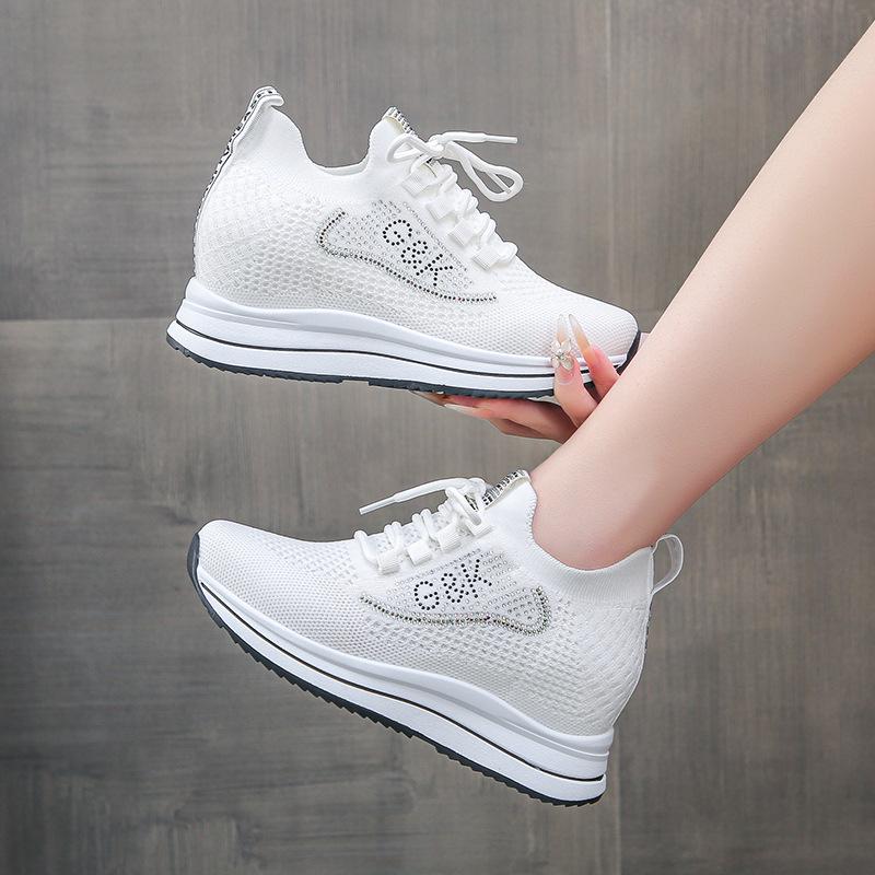 Inner Height-increasing Women's Shoes 2025 New Summer Breathable Mesh Fly-woven Casual Shoes White Shoes Versatile Sports Shoes Women