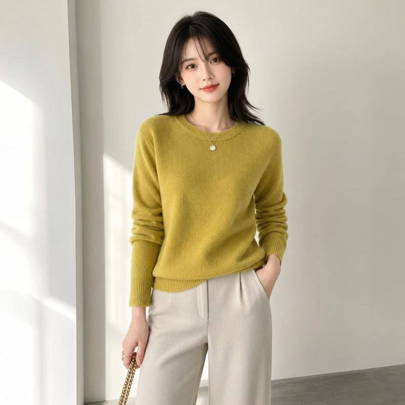 Women Crew Neck Solid Color Knit Sweater Long Sleeve Loose Fit Casual Ladies All Match Autumn Winter Basic Pullover