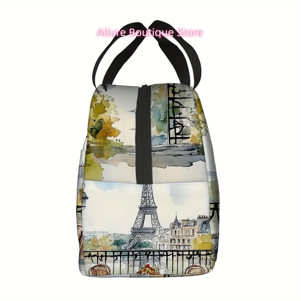1pc Parisian Café with Eiffel Tower View Printed Thermal Insulated Bag – Reusable, Portable & Refrigerated for Home, Restaurant,