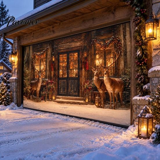 Seasonal Celebration Props Christmas Garage Door Cover, Winter Reindeer Barn/Santa Shop/Nativity Scene Holiday Party Backdrop Banner, Large