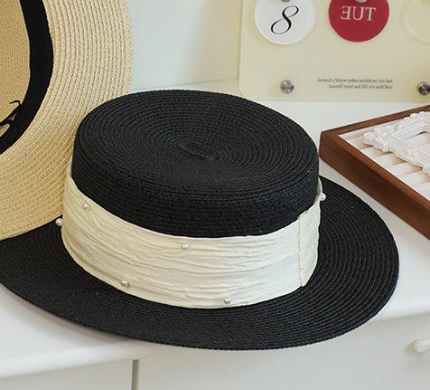 French Top Hat Flat Top Straw Hat Women's High-end Straw Hat Pearl Ribbon, Outdoor Straw Hat Seaside Beach Hat Women