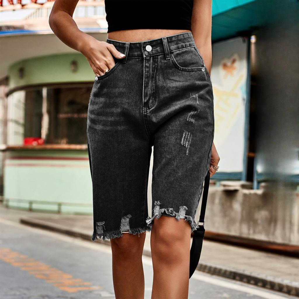 Denim Ripped Five-point Pants Fashion Raw Edge Tassel Jeans Women