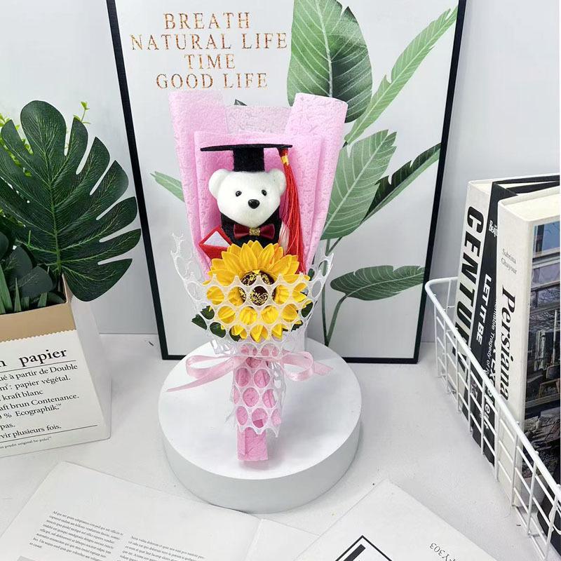 1Pc Graduation Bouquet Student Gift Crochet Flower Mini Party Decor DIY Little Bear Plush Toy Sunflower
