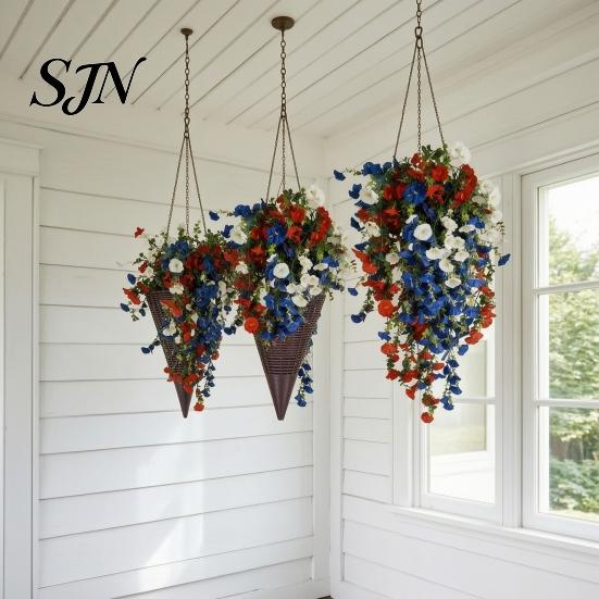Fade Resistant Decor Patriotic Hanging Basket, Red White Blue Artificial Flowers for America's Flower Basket 250th Anniversary, UV Outdoor Indoor