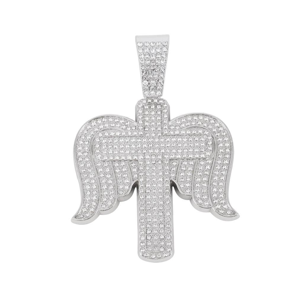 Alloy Necklace Men Trend Cross Angel Wings Pendant, Stylish Full Rhinestone Cool Hip Hop Jewelry