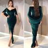 Lady Evening Dress Skinny Pleated Off Shoulder Slit Hem Half Sleeves Annual