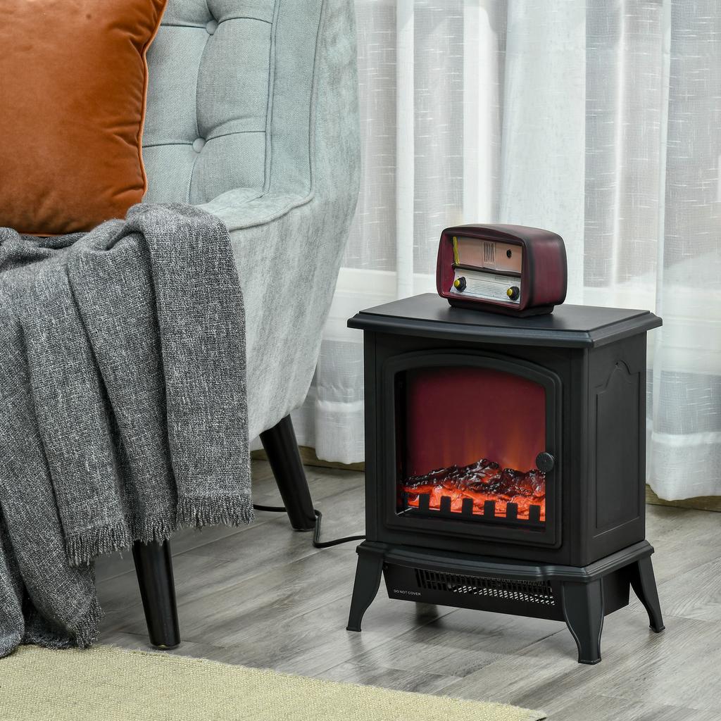 Freestanding Electric Fireplace, Flame Effect, 2 Heating Modes 1000W/2000W, Tempered Glass, Black, 36.5x24x45.5 Cm