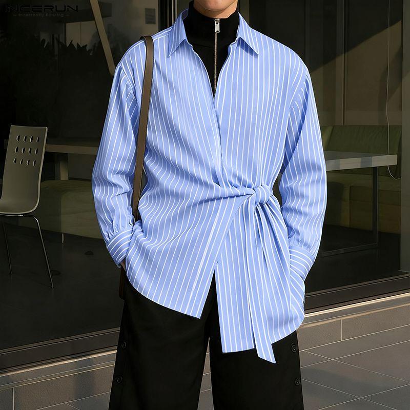 INCERUN Men Spring Turn Down Collar Long Sleeve Side Twisted Striped Print Shirts Tops
