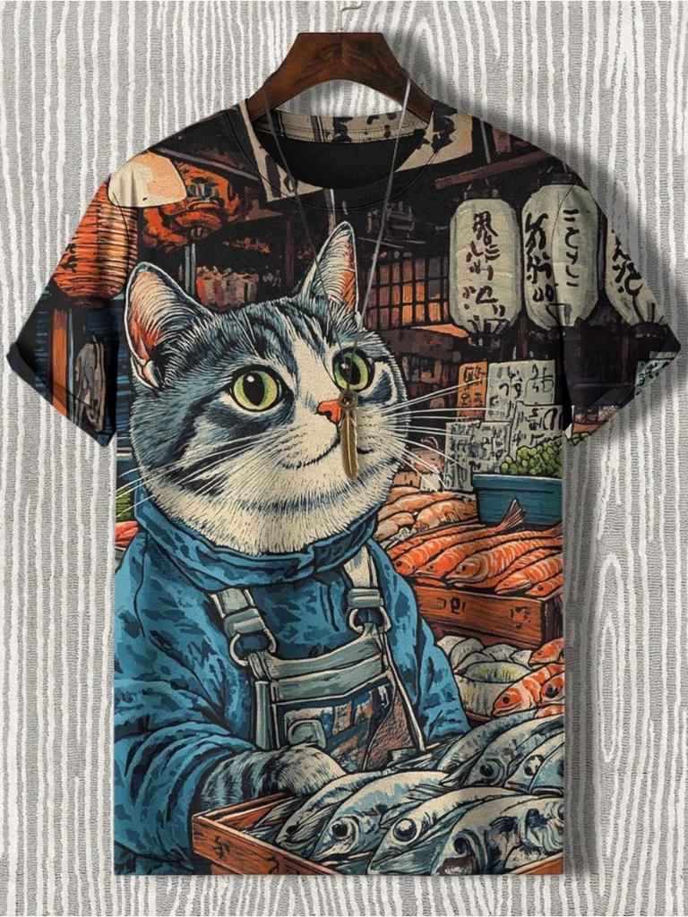 Summer Men's Funny Animal Cat Printed T Shirt Short Sleeved Tees Tops 3D Print O-Neck Shirts Party Casual Men's Clothing Apparel