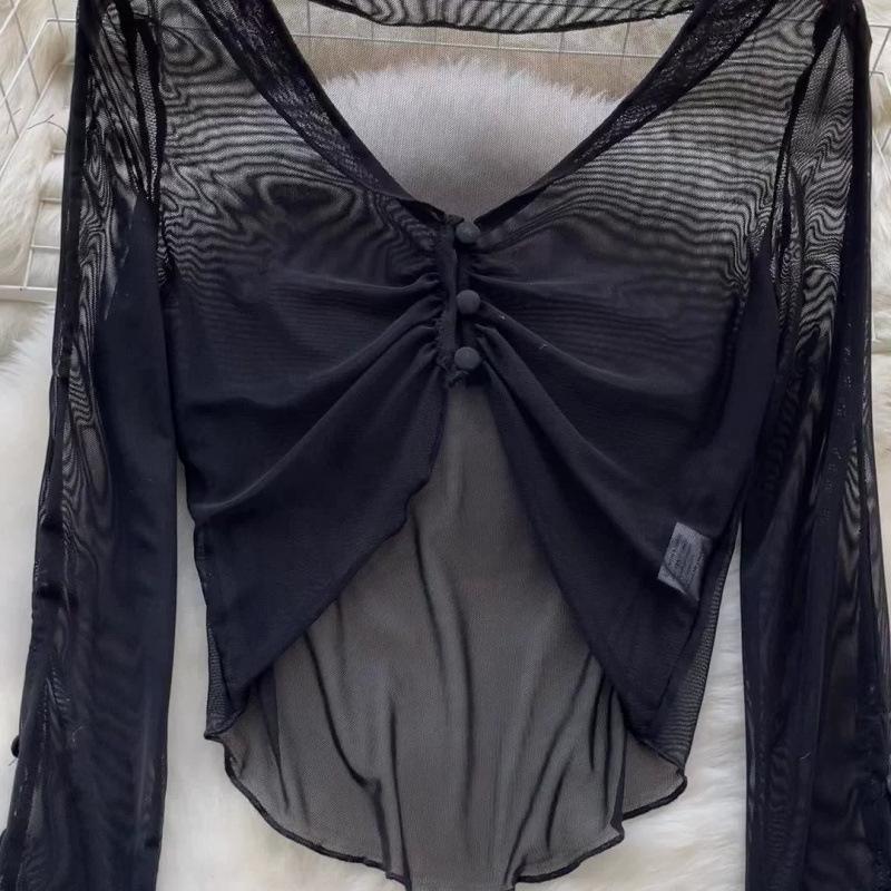 Summer Spicy Sheer Mesh Long Sleeve Cropped Top - Petite Women's Unique Design