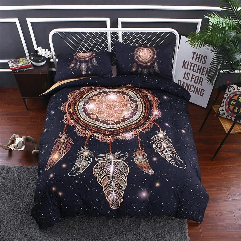 Dreamcatcher Duvet Cover Sets Bohemian Magic Feather Blue Galaxy Bedding Set Luxury Dream Catcher Comforter Cover Set Full Size