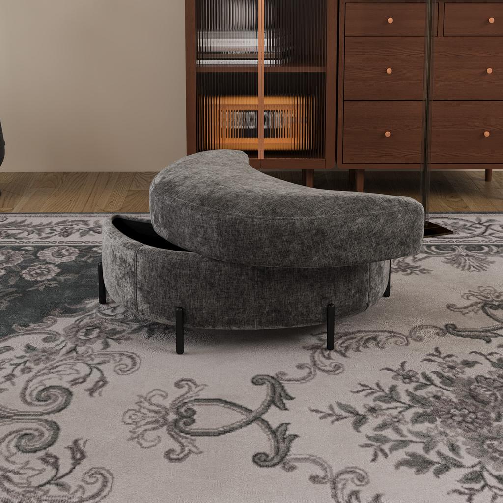 Chenille-Covered Half-Moon Storage Stool with Tray, Padded Seat, Dressing & Shoe Stool and Footrest for Living Room, Entryway & Hallway, Gray