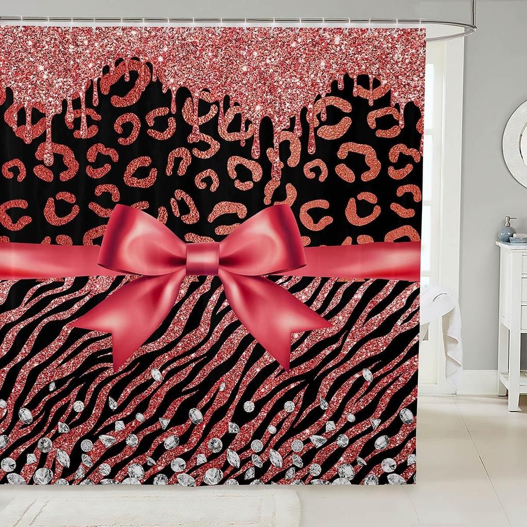 Pink Bowknot Glitter Shower Curtain Abstract Leopard Cheetah Zebra Skin Girls Women Bow-tie Shining Diamond Bathroom Curtain