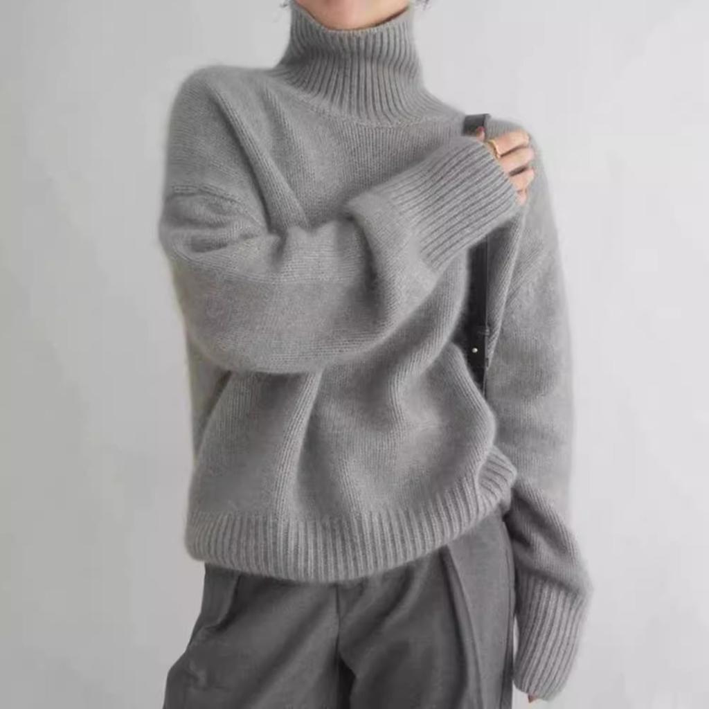 Women's Turtleneck Long Sleeve Knit Top Loose Fit Elegant Casual Sweater Solid Cashmere Blend Pullover