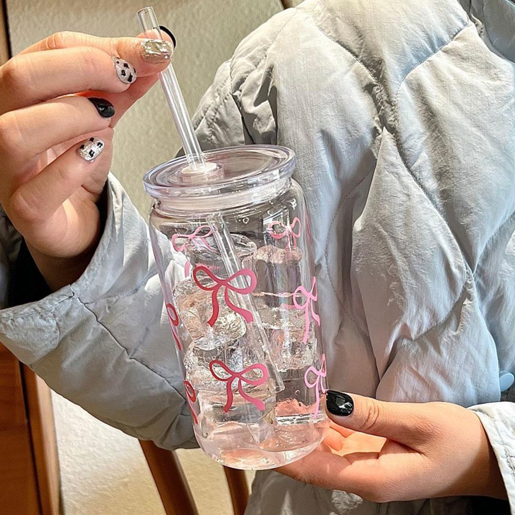 Transparent Glass Tumbler Pink Bow Flower Sticker Drink Juice Cup Suitable For Hot And Cold Drinks Bow Tie Plastic Straw Cup
