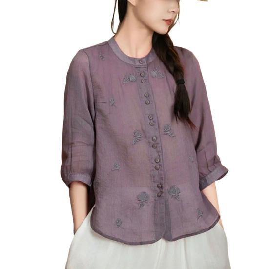 Women Shirt Round Neck 46085 Sleeve Buttons Placket Shirt Tops Pure Color Floral Embroidery