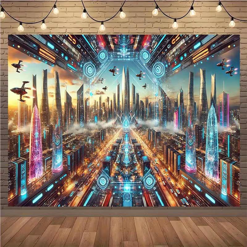 2D Neon Cyberpunk Metropolis Backdrop Futuristic Skyscrapers Photography Background