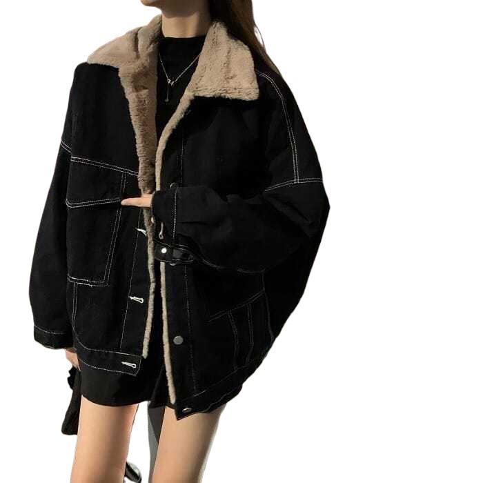 Women's Autumn/Winter Korean Style Lambswool Collar Denim Jacket - Casual, Loose Fit, Plus Velvet Thickening
