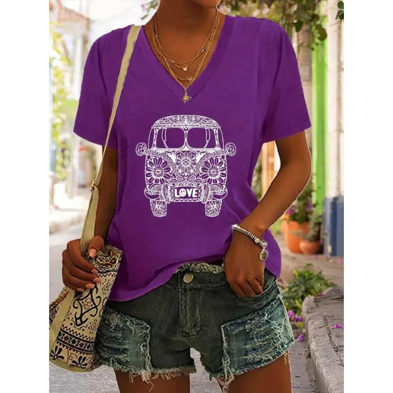

Летняя футболка с коротким рукавом с узором из растений, цветов и автобусов, V-образным вырезом, повседневная, с коротким рукавом, женская S