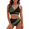 Conjunto de Biquíni Feminino de 2 Peças Patchwork com Decote em V Sem Mangas e Calcinha Tanga Traje de Banho para Praia