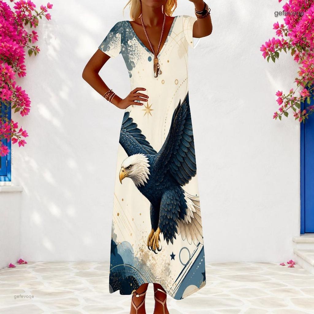 Women Plus Size V Neck Short Sleeve Galaxy Star Printed Maxi Dress