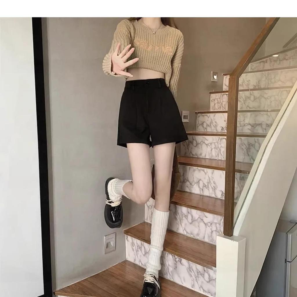 Women's High-Waisted Woolen Shorts: 2023 Autumn/Winter A-Line, Wide-Leg, Casual Fashion for Outerwear with Boots.