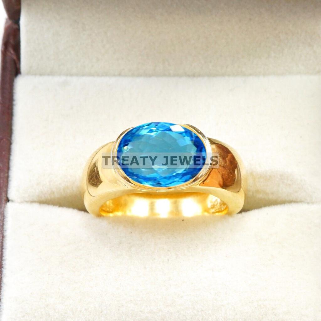 Blue Topaz Oval Cut With 925 Sterling Silver Gold Plated Ring For Men's #A889 JL375669043831