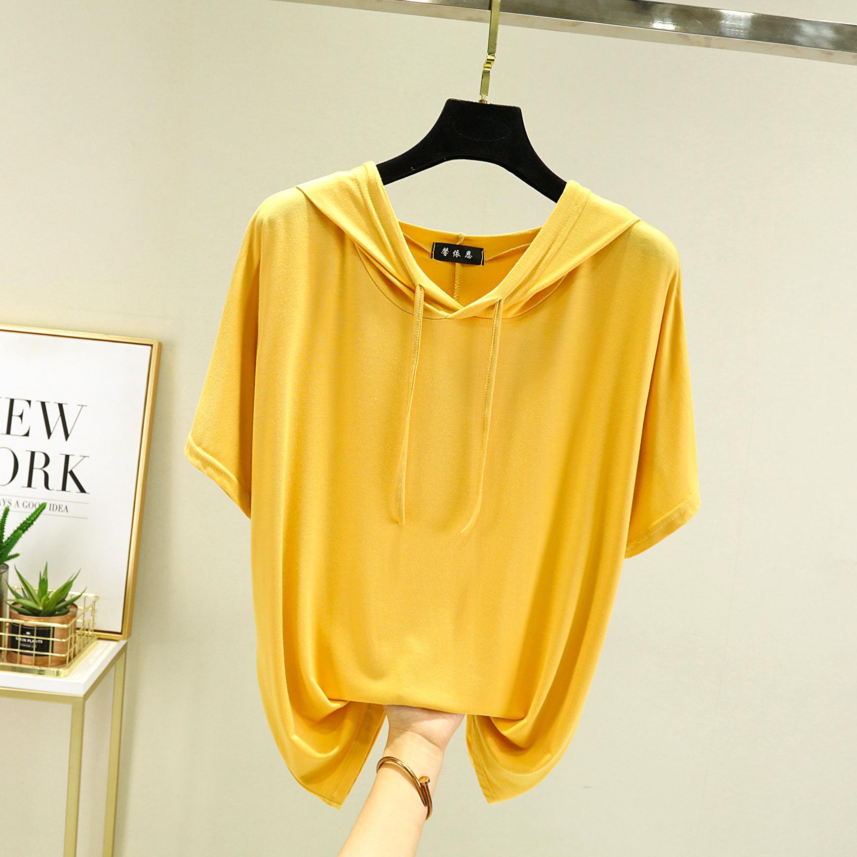 

Женская футболка 12 однотонных цветов, модальные летние толстовки с капюшоном, короткие рукава, свободные повседневные футболки, тонкие уличные футболки 2XL